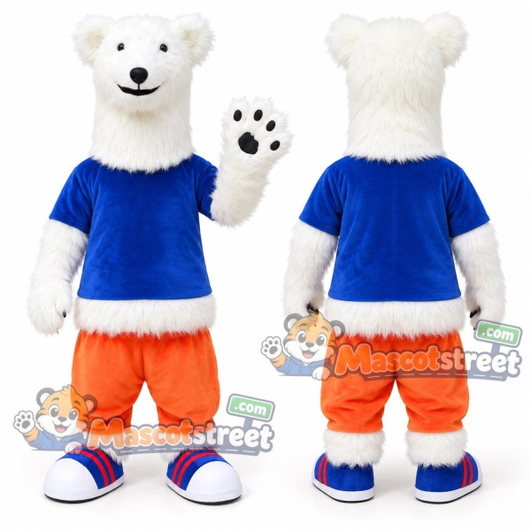 White Polar Bear Mascot Costume with Blue Shirt and Orange Shorts