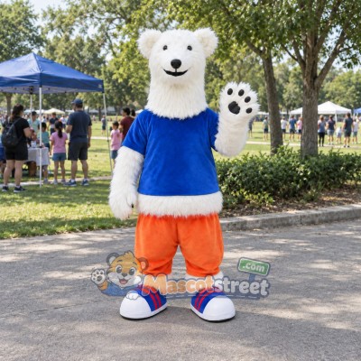 White Polar Bear Mascot Costume with Blue Shirt and Orange Shorts White Polar Bear Mascot Costume with Blue Shirt and Orange Shorts