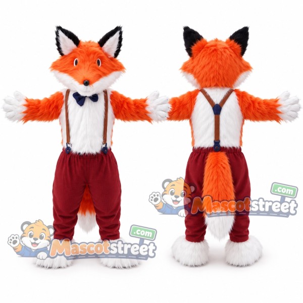 Orange Fox Mascot Costume with White Shirt, Suspenders and Burgundy Pants