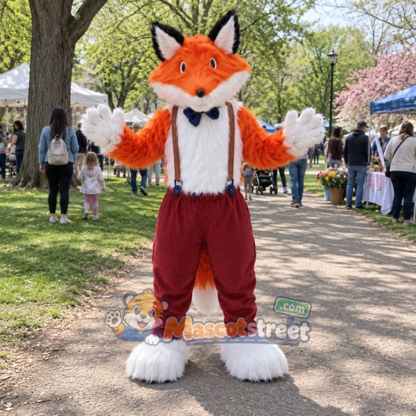 Orange Fox Mascot Costume with White Shirt, Suspenders and Burgundy Pants