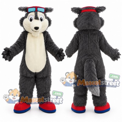 Gray Wolf Mascot Costume with Red and Blue Cap