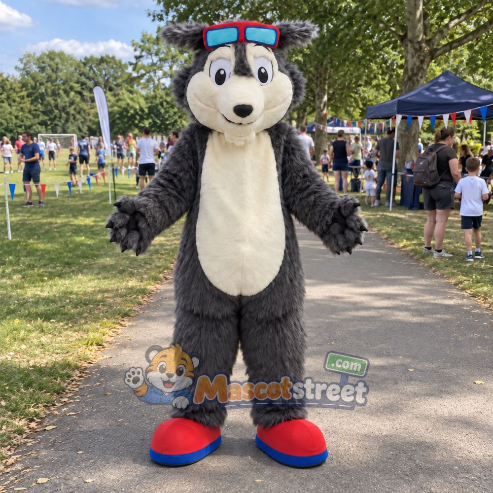 Gray Wolf Mascot Costume with Red and Blue Cap