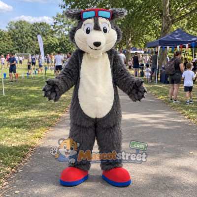 Gray Wolf Mascot Costume with Red and Blue Cap