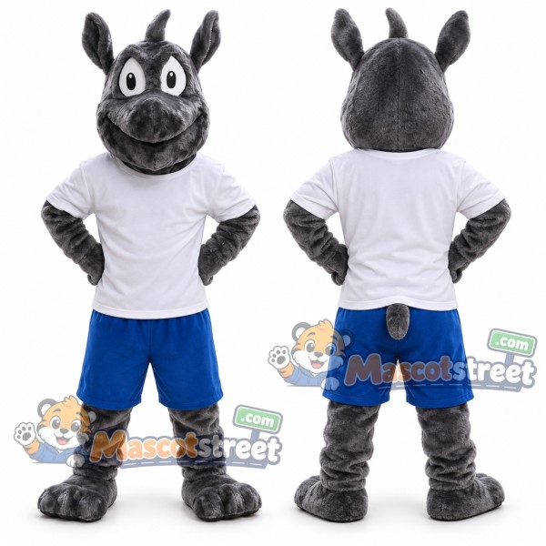 Gray Rhinoceros Mascot Costume with White Shirt and Blue Shorts