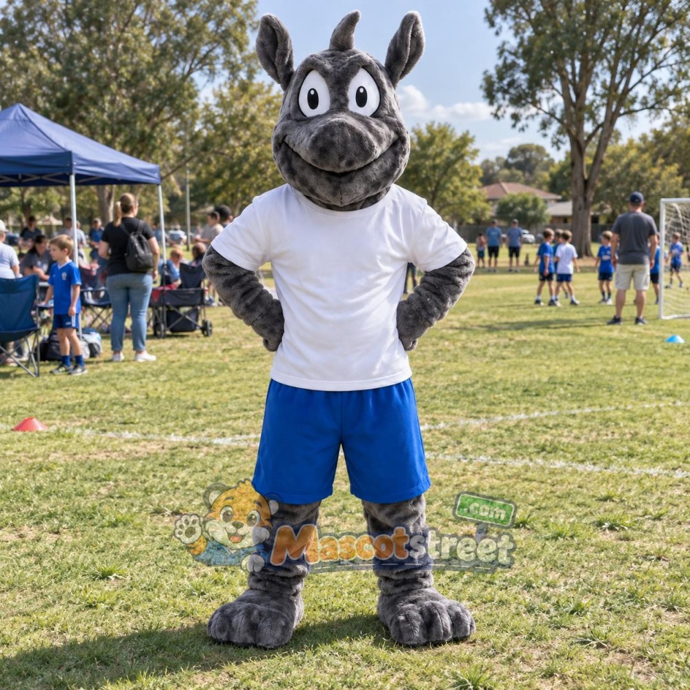 Gray Rhinoceros Mascot Costume with White Shirt and Blue Shorts Gray Rhinoceros Mascot Costume with White Shirt and Blue Shorts