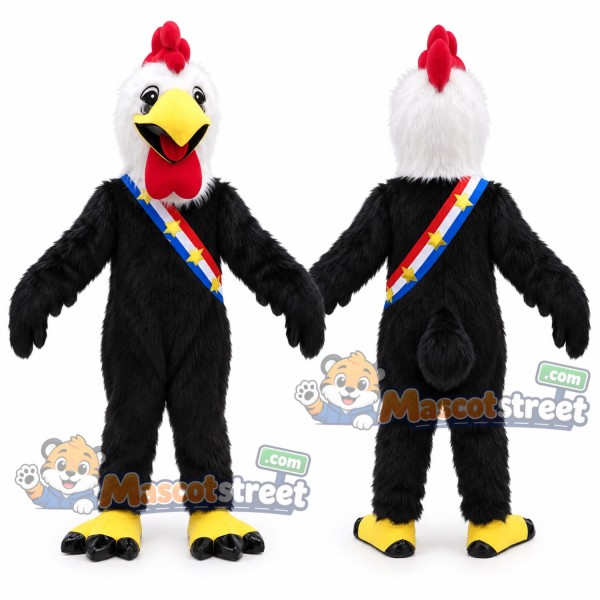 Black Rooster Mascot Costume with Rainbow Sash