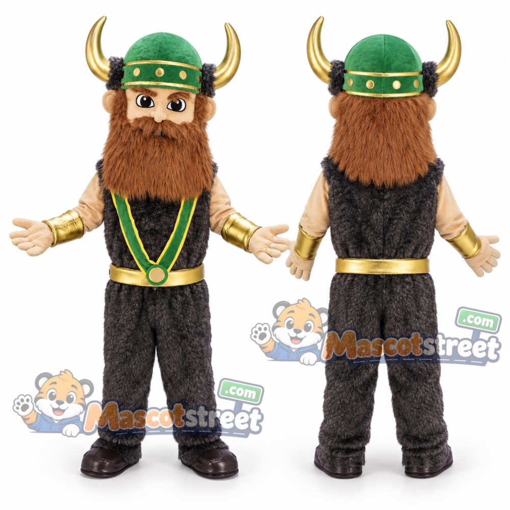 Viking Mascot Costume with Green Horned Helmet and Dark Outfit
