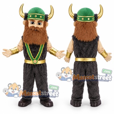Viking Mascot Costume with Green Horned Helmet and Dark Outfit