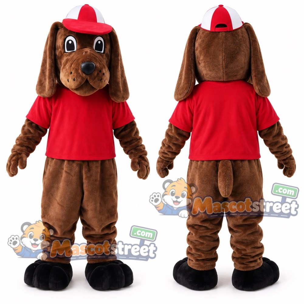 Brown Dog Mascot Costume with Red Shirt, Brown Pants and Red Cap