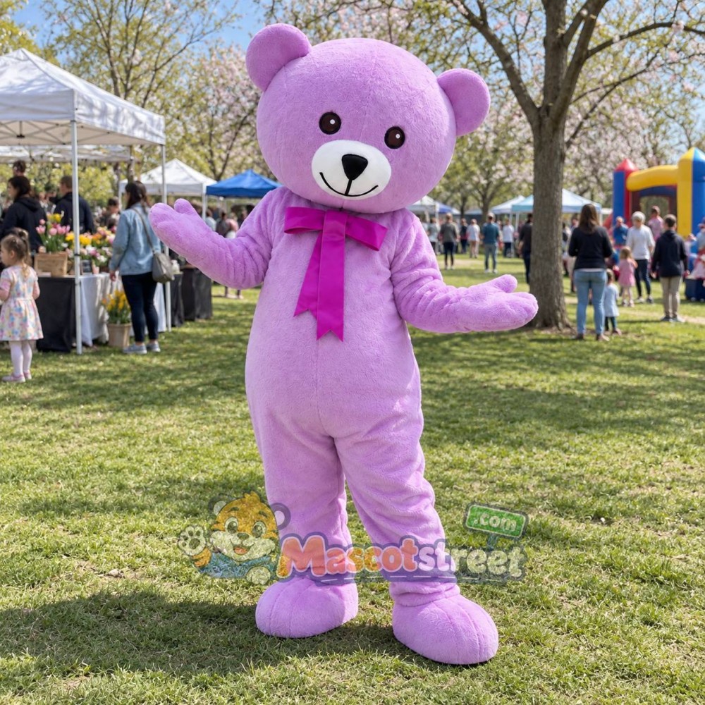 Purple Bear Mascot Costume with Pink Scarf Purple Bear Mascot Costume with Pink Scarf