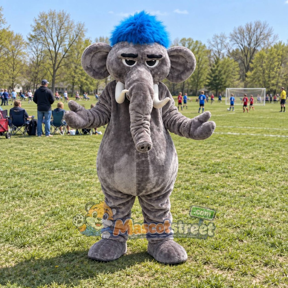 Gray Elephant Mascot Costume with Blue Cap Gray Elephant Mascot Costume with Blue Cap