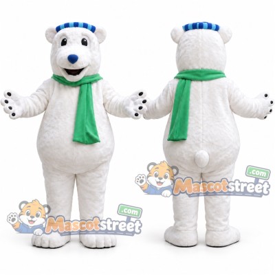 White Polar Bear Mascot Costume with Green Scarf and Blue Cap White Polar Bear Mascot Costume with Green Scarf and Blue Cap