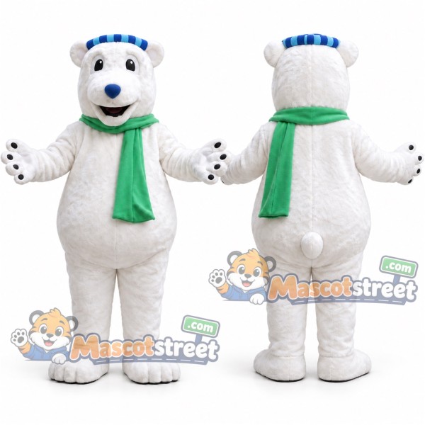 White Polar Bear Mascot Costume with Green Scarf and Blue Cap