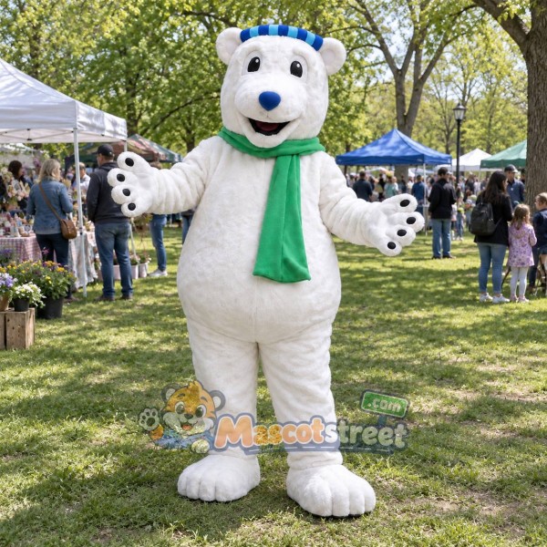 White Polar Bear Mascot Costume with Green Scarf and Blue Cap