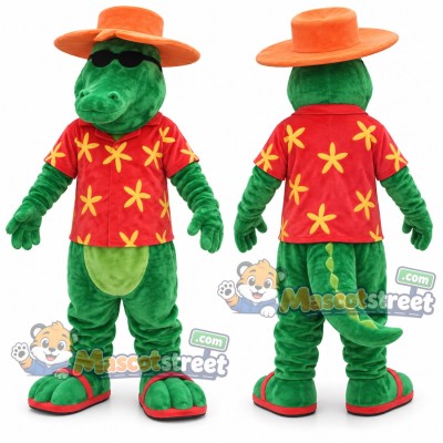 Green Alligator Mascot Costume with Red Floral Shirt and Orange Hat