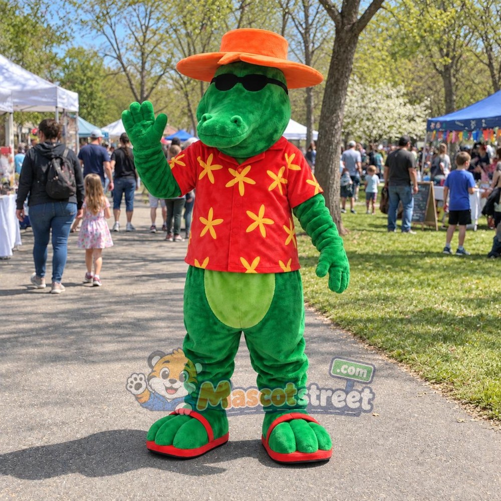 Green Alligator Mascot Costume with Red Floral Shirt and Orange Hat Green Alligator Mascot Costume with Red Floral Shirt and Orange Hat