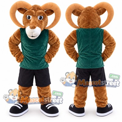 Brown Ram Mascot Costume with Green Sleeveless Shirt and Black Shorts