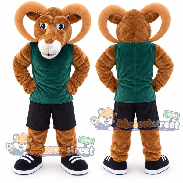 Brown Ram Mascot Costume with Green Sleeveless Shirt and Black Shorts