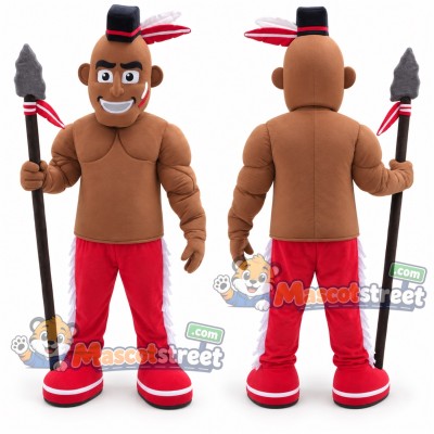 Spear Carrying Man Mascot Costume with Red Pants and Feathered Headband Spear Carrying Man Mascot Costume with Red Pants and Feathered Headband