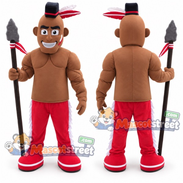 Spear Carrying Man Mascot Costume with Red Pants and Feathered Headband