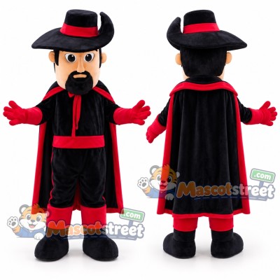 Bearded Swordsman Mascot Costume with Black and Red Suit, Cape and Hat