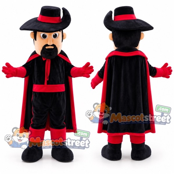 Bearded Swordsman Mascot Costume with Black and Red Suit, Cape and Hat