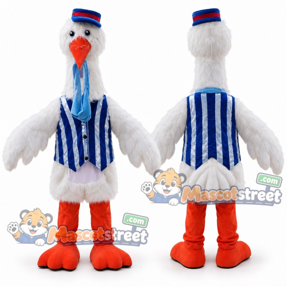 White Stork Mascot Costume with Blue Striped Vest and Hat White Stork Mascot Costume with Blue Striped Vest and Hat