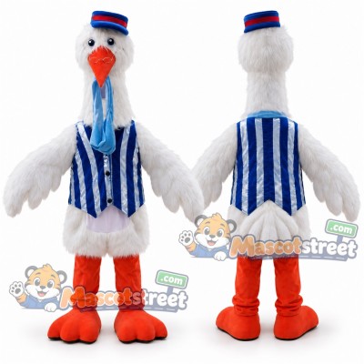 White Stork Mascot Costume with Blue Striped Vest and Hat White Stork Mascot Costume with Blue Striped Vest and Hat