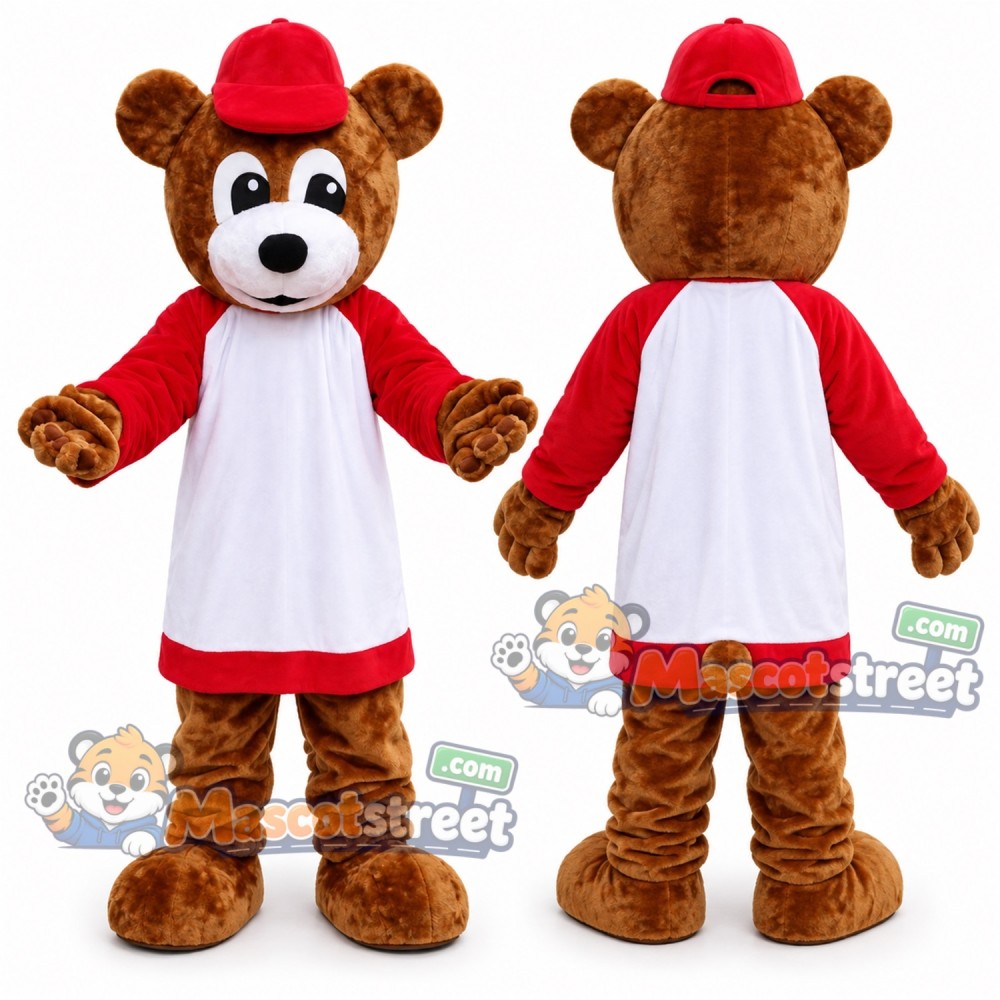 Brown Bear Mascot Costume with White and Red Shirt and Red Cap