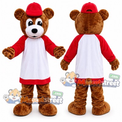Brown Bear Mascot Costume with White and Red Shirt and Red Cap