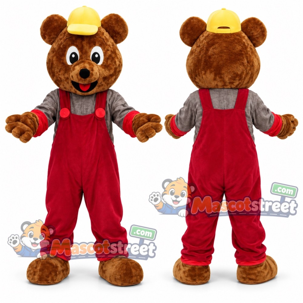 Brown Bear Mascot Costume with Red Overalls, Gray Shirt and Yellow Cap Brown Bear Mascot Costume with Red Overalls, Gray Shirt and Yellow Cap