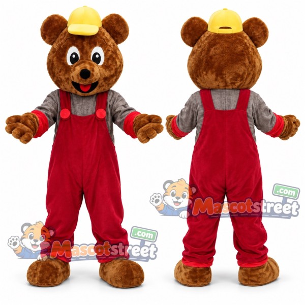 Brown Bear Mascot Costume with Red Overalls, Gray Shirt and Yellow Cap