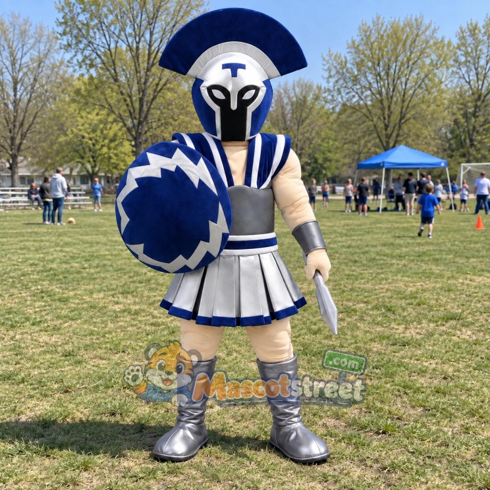Knight Mascot Costume with Blue and Silver Armor and Helmet