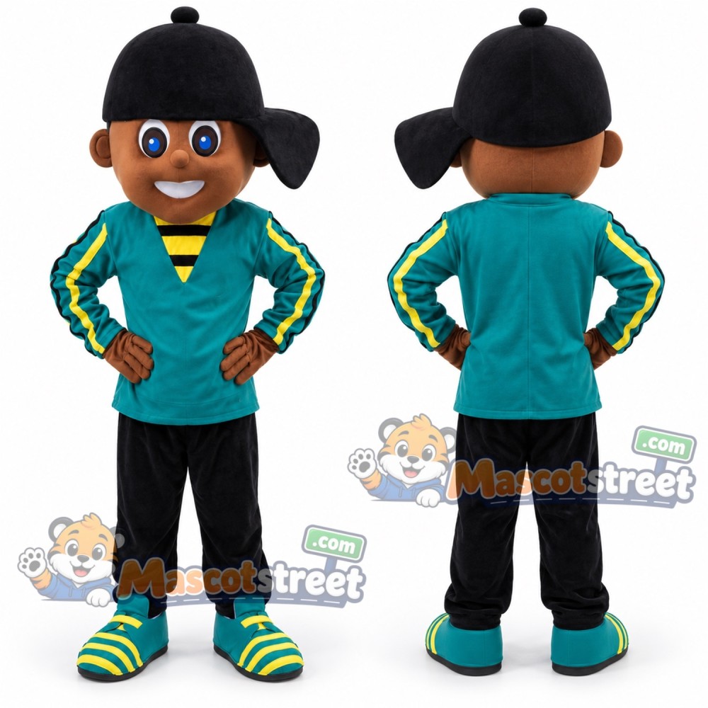 Boy Mascot Costume with Teal Jacket, Black Pants and Black Cap