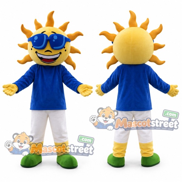 Yellow Sun Mascot Costume with Blue Shirt, White Shorts and Sunglasses