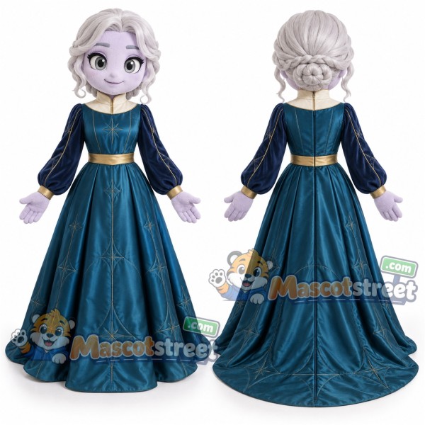 Silver Haired Princess Mascot Costume with Dark Teal Gown