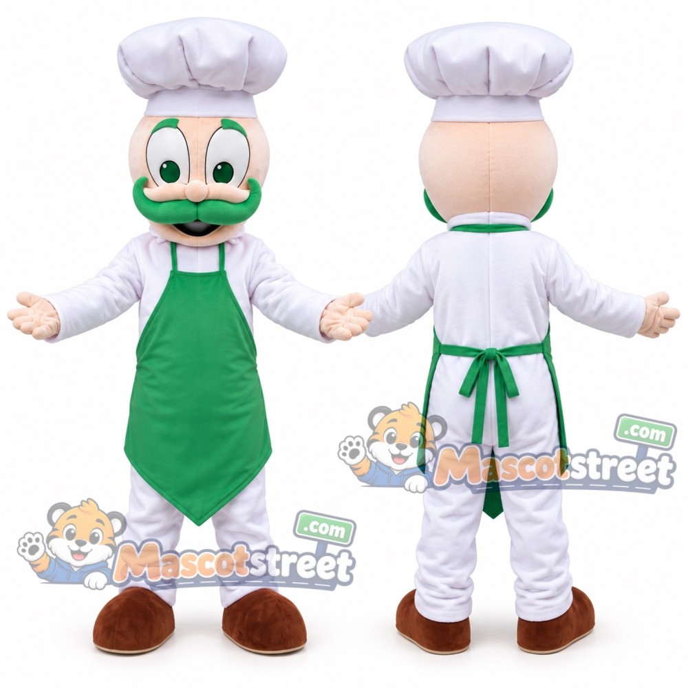 Chef Mascot Costume with White Uniform, Green Apron and Chef Hat Chef Mascot Costume with White Uniform, Green Apron and Chef Hat