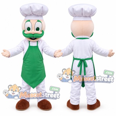 Chef Mascot Costume with White Uniform, Green Apron and Chef Hat Chef Mascot Costume with White Uniform, Green Apron and Chef Hat