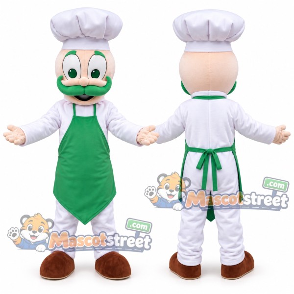 Chef Mascot Costume with White Uniform, Green Apron and Chef Hat