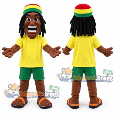 Man with Dreadlocks Mascot Costume with Yellow Shirt, Green Shorts and Striped Cap