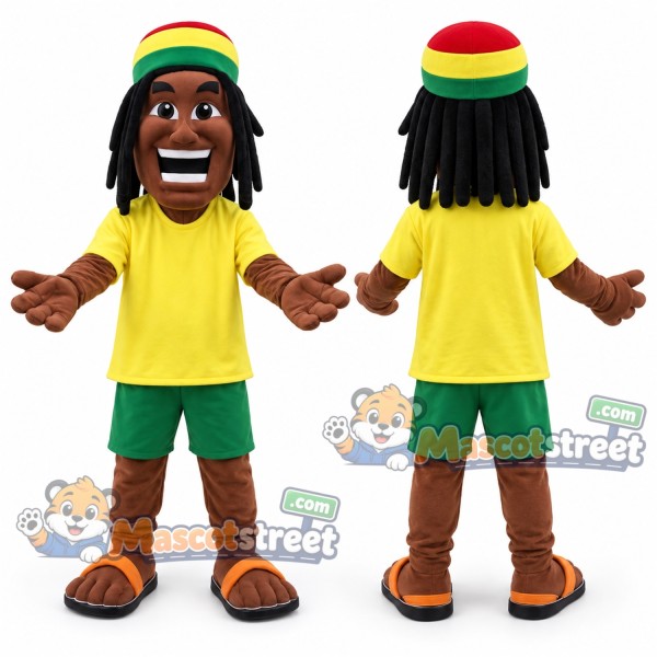 Man with Dreadlocks Mascot Costume with Yellow Shirt, Green Shorts and Striped Cap