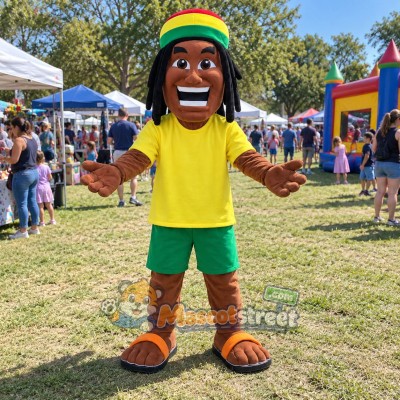Man with Dreadlocks Mascot Costume with Yellow Shirt, Green Shorts and Striped Cap