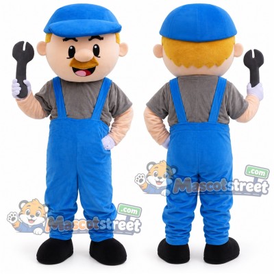Mechanic Mascot Costume with Blue Overalls, Gray Shirt and Blue Cap