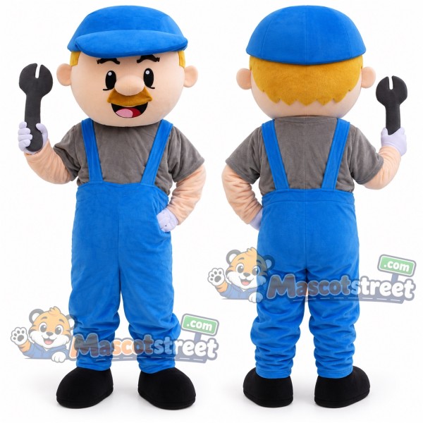 Mechanic Mascot Costume with Blue Overalls, Gray Shirt and Blue Cap