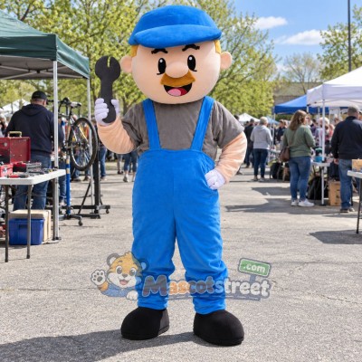 Mechanic Mascot Costume with Blue Overalls, Gray Shirt and Blue Cap Mechanic Mascot Costume with Blue Overalls, Gray Shirt and Blue Cap