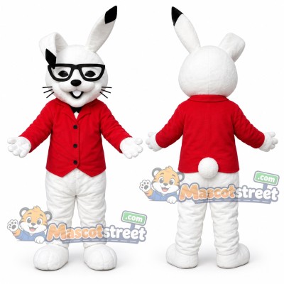White Rabbit Mascot Costume with Red Jacket and Glasses