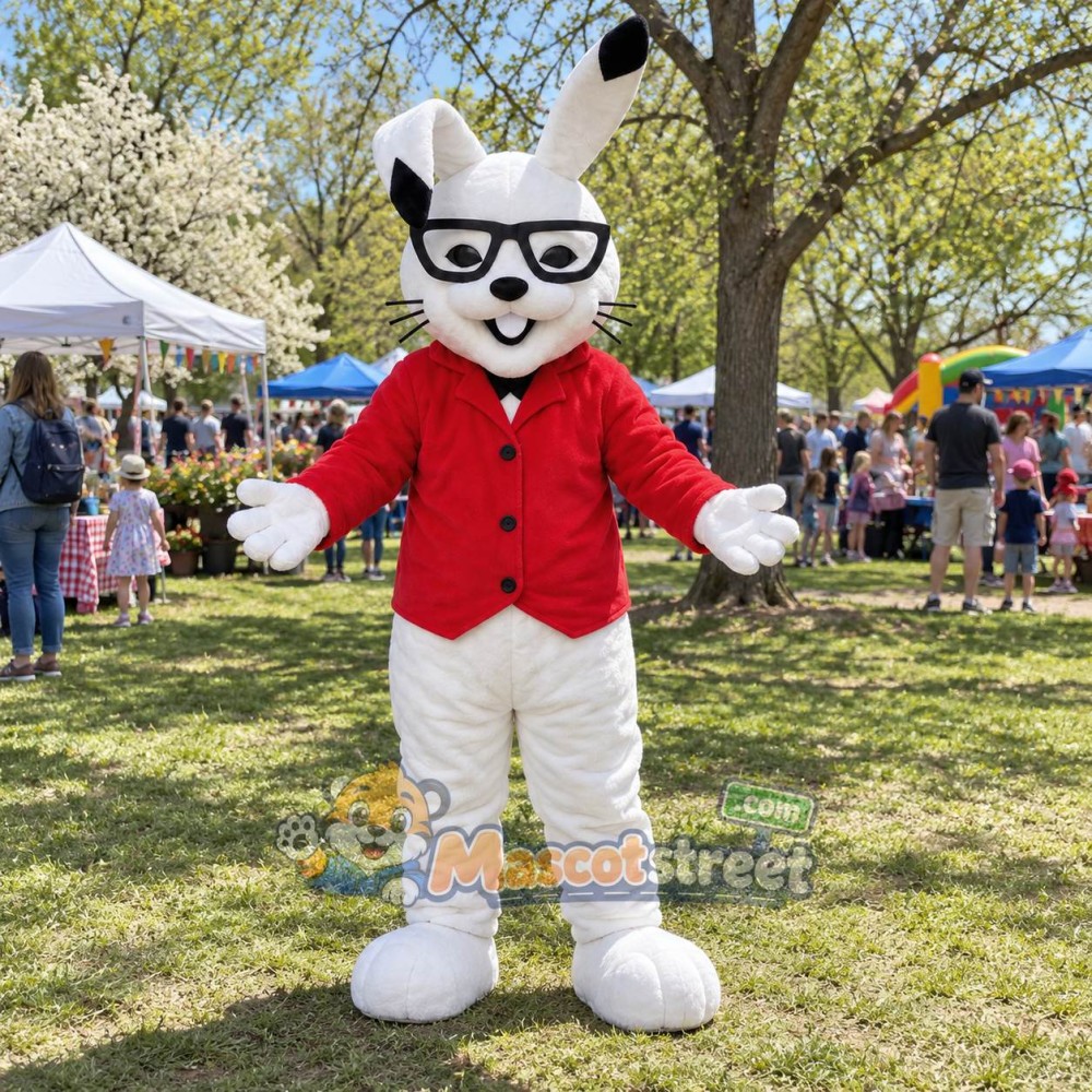 White Rabbit Mascot Costume with Red Jacket and Glasses