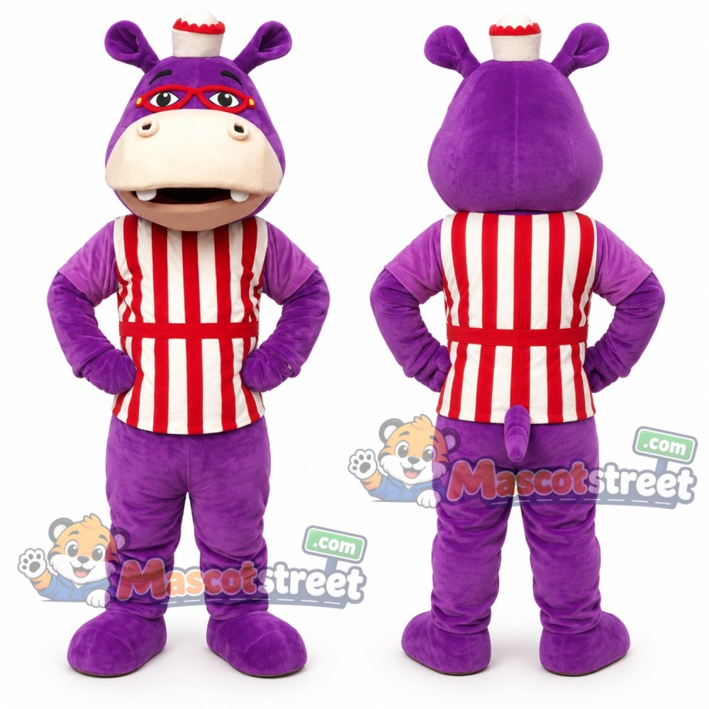 Purple Hippopotamus Mascot Costume with Red and White Striped Vest Purple Hippopotamus Mascot Costume with Red and White Striped Vest