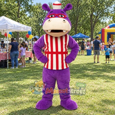 Purple Hippopotamus Mascot Costume with Red and White Striped Vest