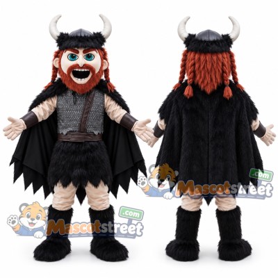 Viking Mascot Costume with Black Outfit, Cape and Horned Helmet Viking Mascot Costume with Black Outfit, Cape and Horned Helmet